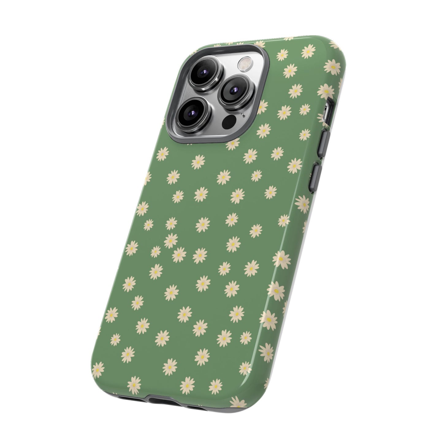 Floral Tough iPhone/Samsung Case - Durable Green Daisy Print for Nature Lovers