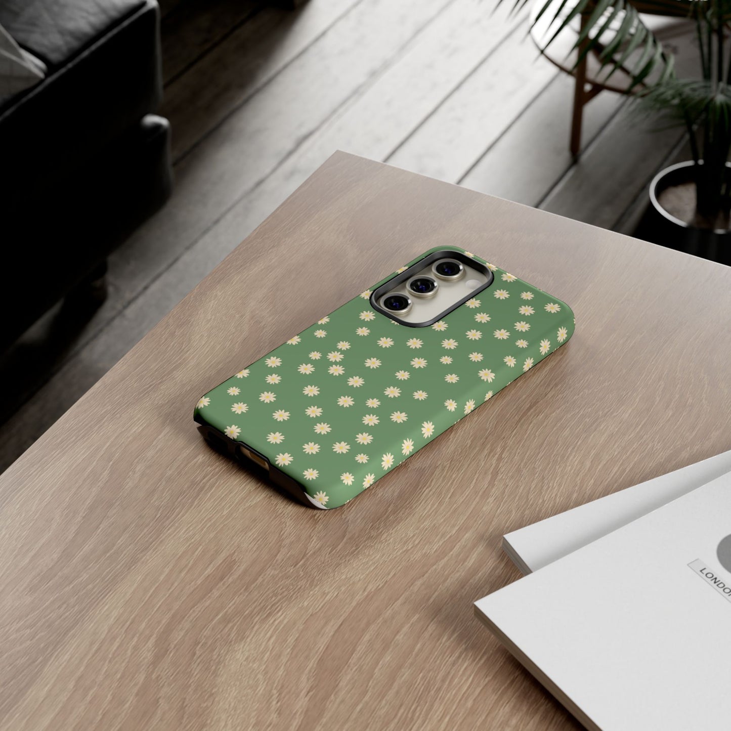 Floral Tough iPhone/Samsung Case - Durable Green Daisy Print for Nature Lovers