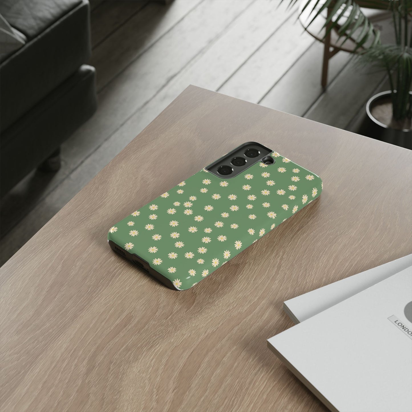 Floral Tough iPhone/Samsung Case - Durable Green Daisy Print for Nature Lovers