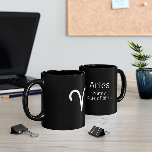 Personalized Aries Astrology Mug - Custom Name & Birth Date - 11oz/15oz Black Coffee Cup