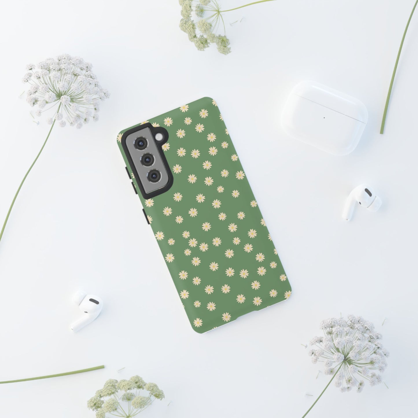 Floral Tough iPhone/Samsung Case - Durable Green Daisy Print for Nature Lovers