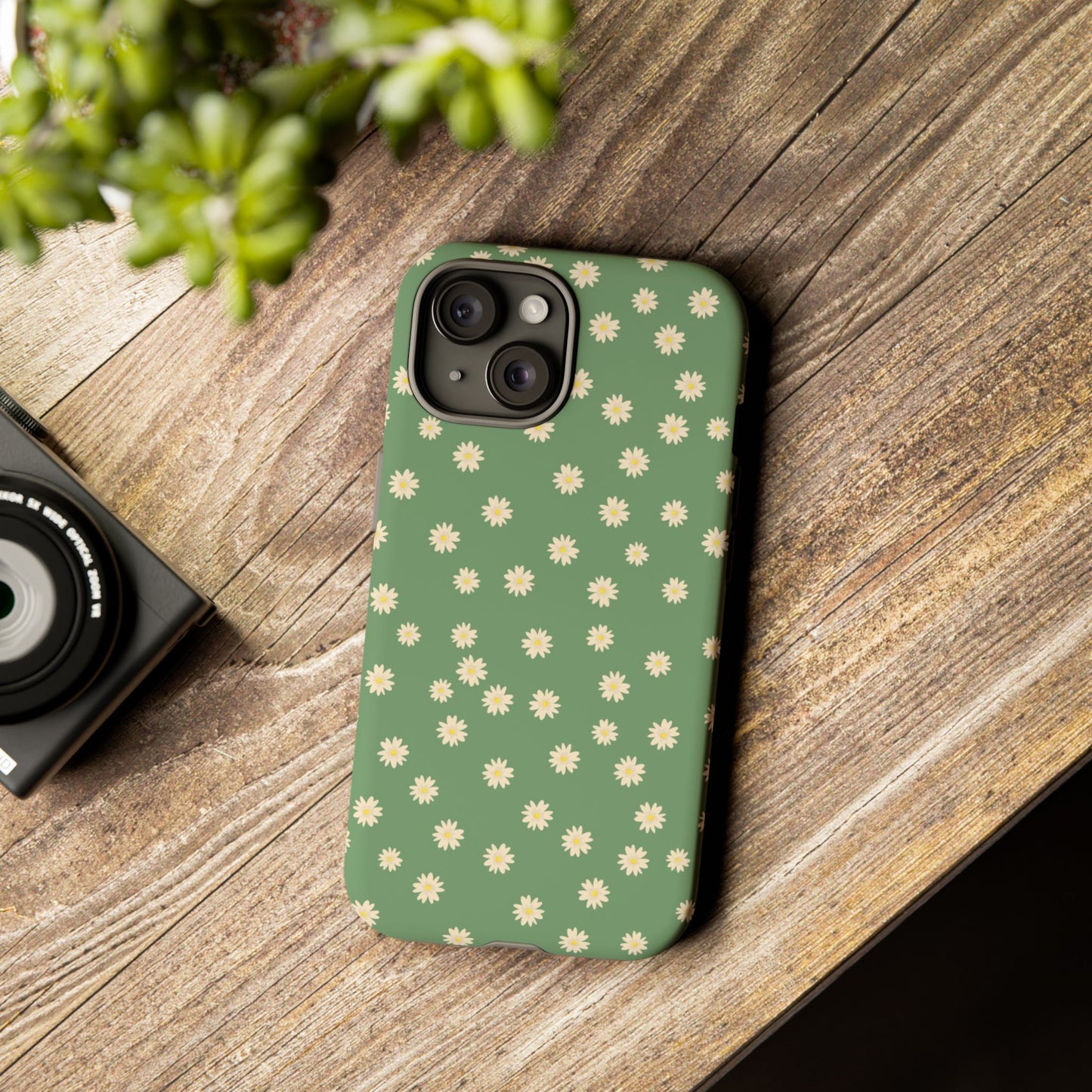 Floral Tough iPhone/Samsung Case - Durable Green Daisy Print for Nature Lovers