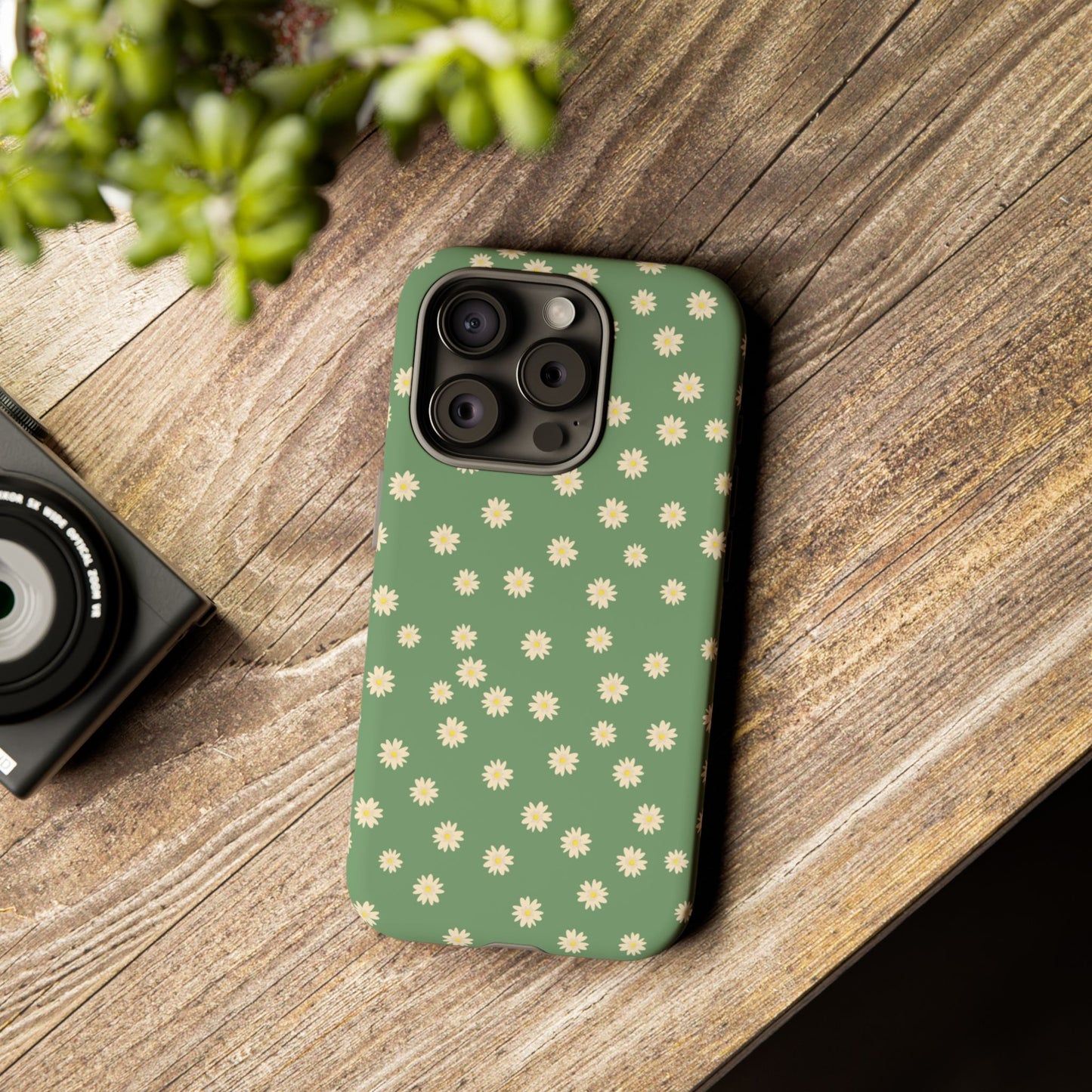 Floral Tough iPhone/Samsung Case - Durable Green Daisy Print for Nature Lovers