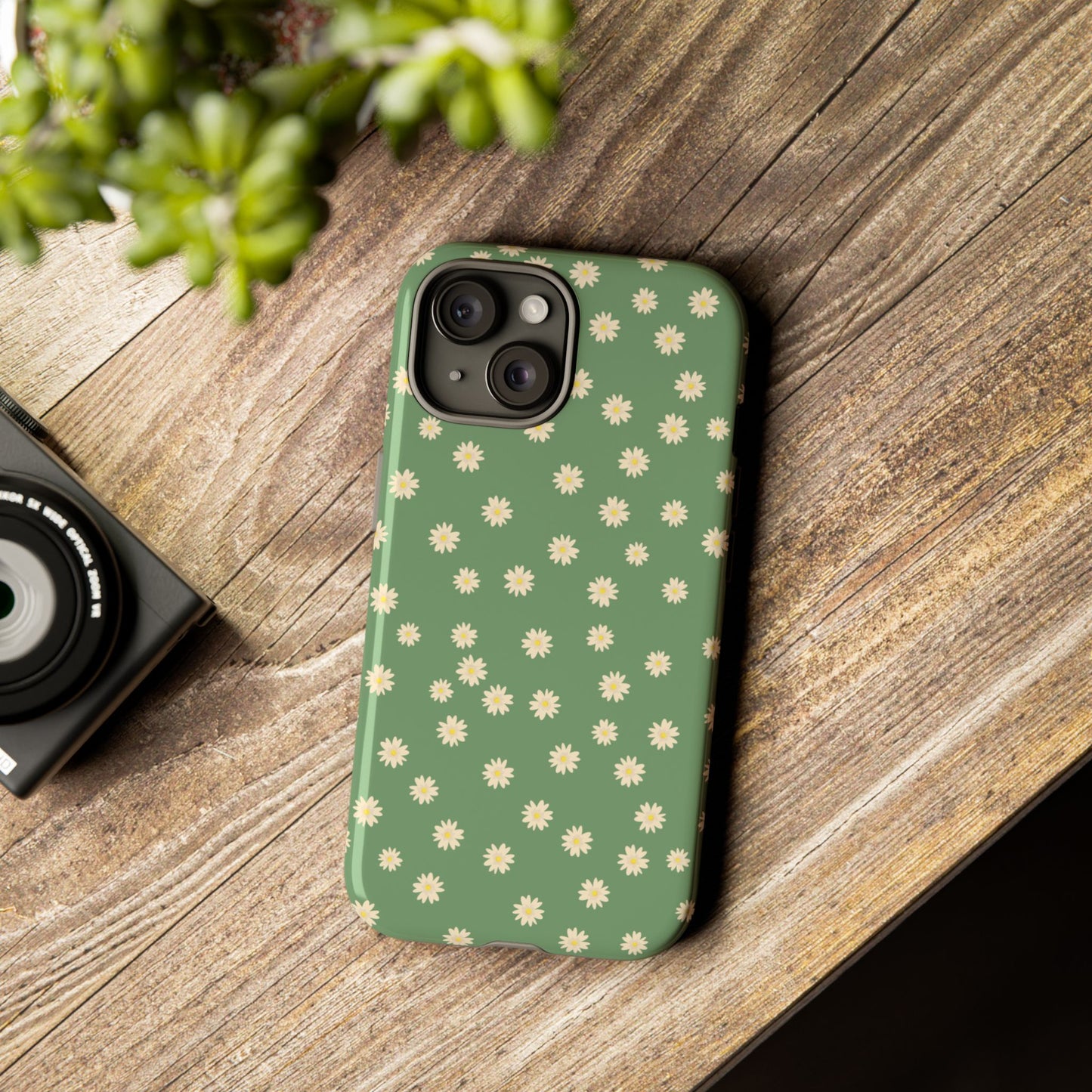 Floral Tough iPhone/Samsung Case - Durable Green Daisy Print for Nature Lovers