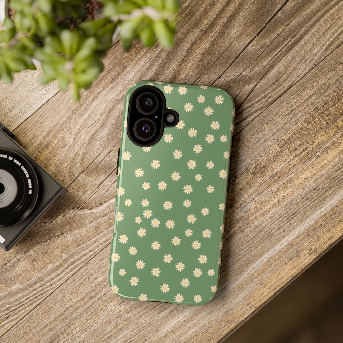 Floral Tough iPhone/Samsung Case - Durable Green Daisy Print for Nature Lovers