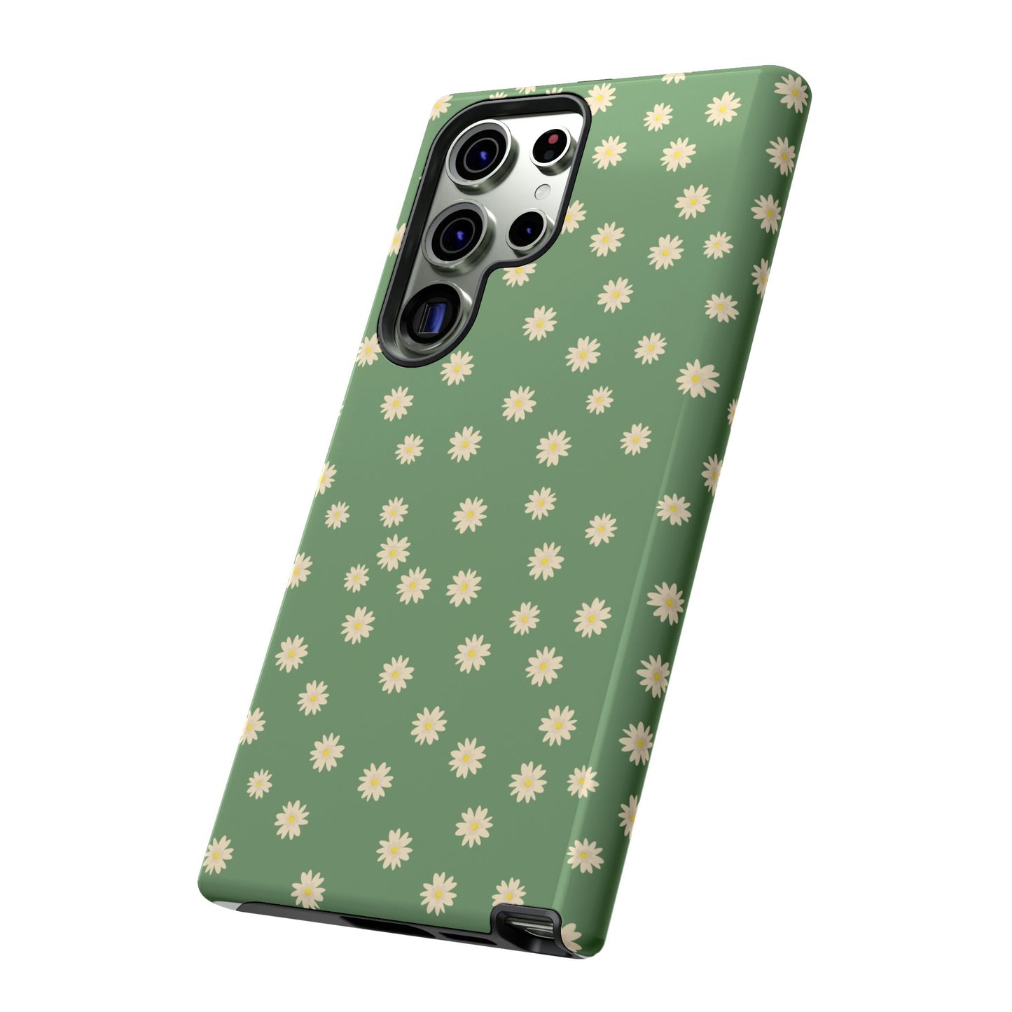 Floral Tough iPhone/Samsung Case - Durable Green Daisy Print for Nature Lovers