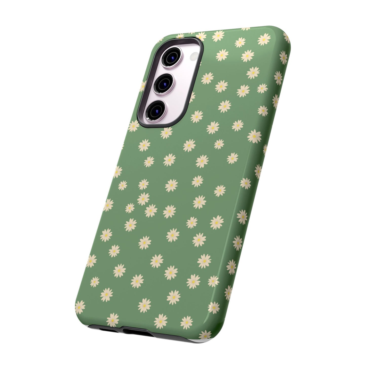 Floral Tough iPhone/Samsung Case - Durable Green Daisy Print for Nature Lovers