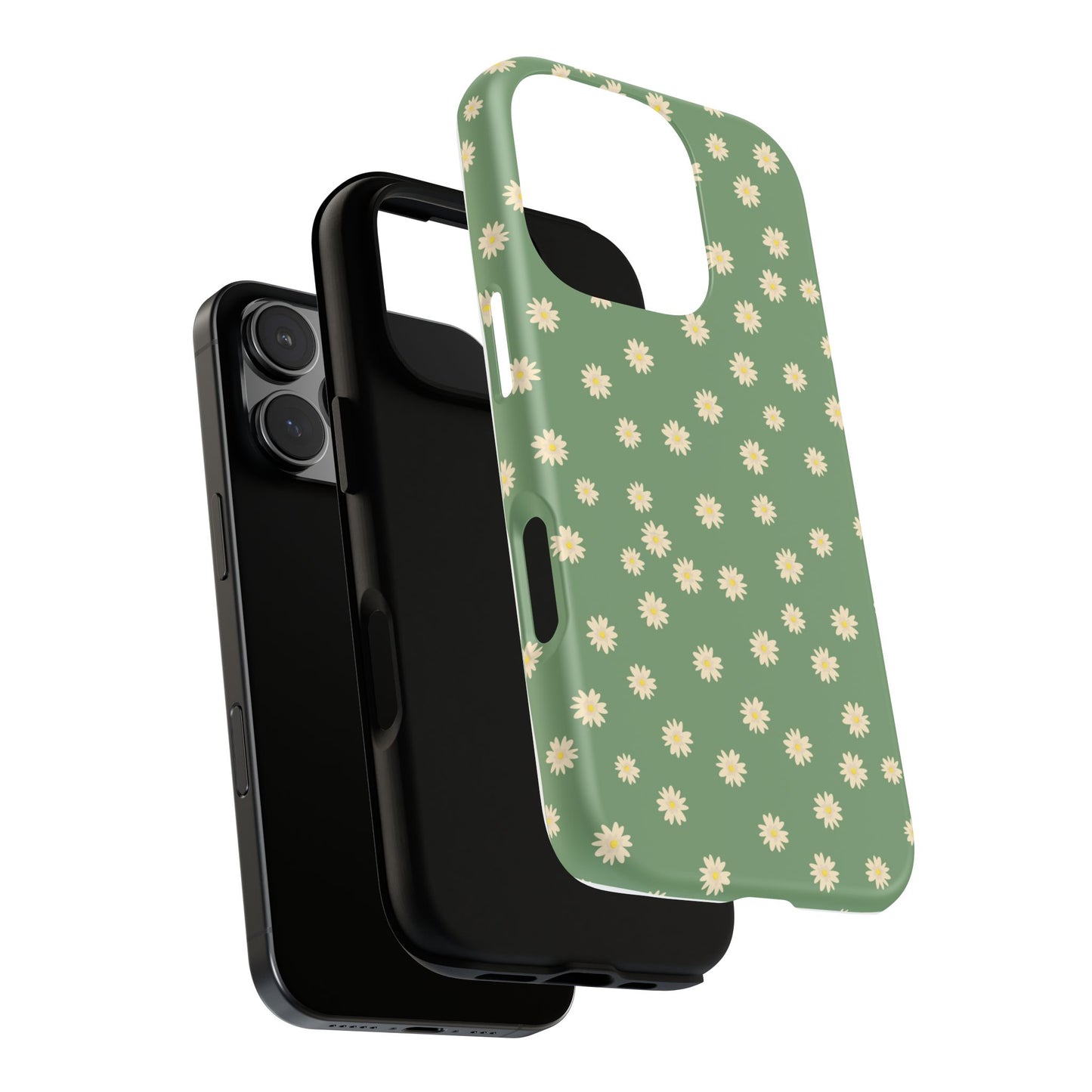 Floral Tough iPhone/Samsung Case - Durable Green Daisy Print for Nature Lovers