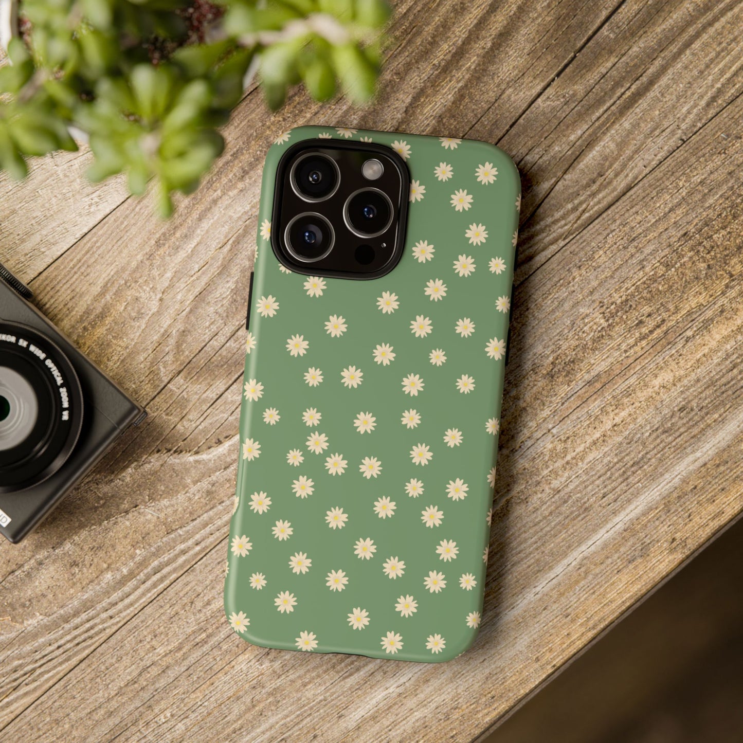 Floral Tough iPhone/Samsung Case - Durable Green Daisy Print for Nature Lovers