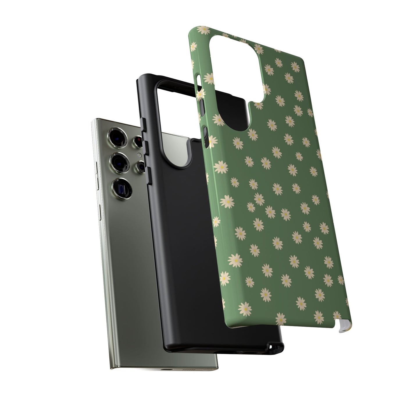 Floral Tough iPhone/Samsung Case - Durable Green Daisy Print for Nature Lovers