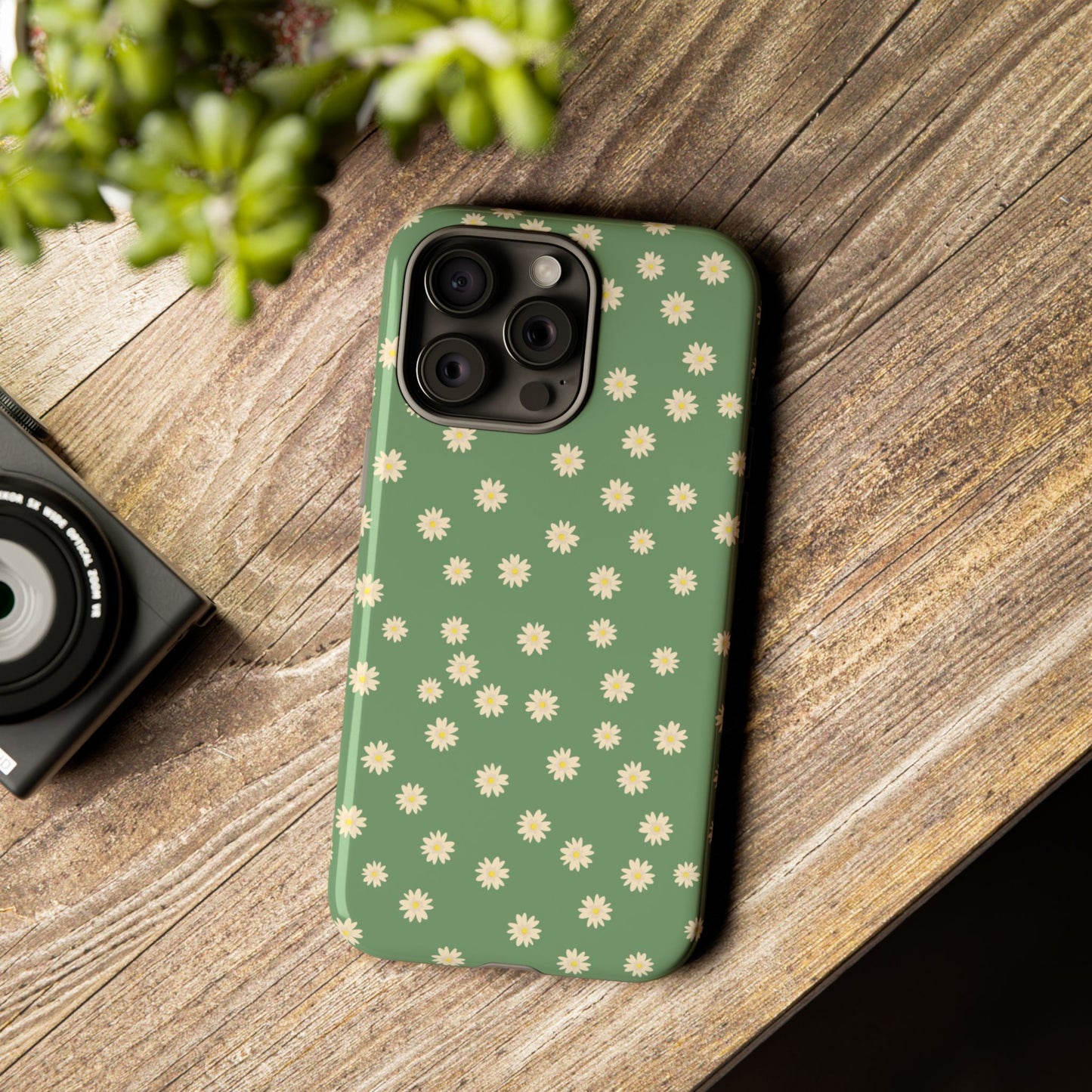 Floral Tough iPhone/Samsung Case - Durable Green Daisy Print for Nature Lovers