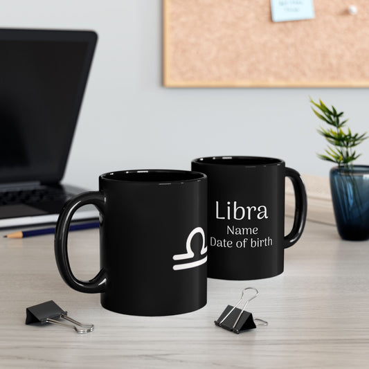 Personalized Libra Astrology Mug - Custom Name & Birth Date - 11oz/15oz Black Coffee Cup