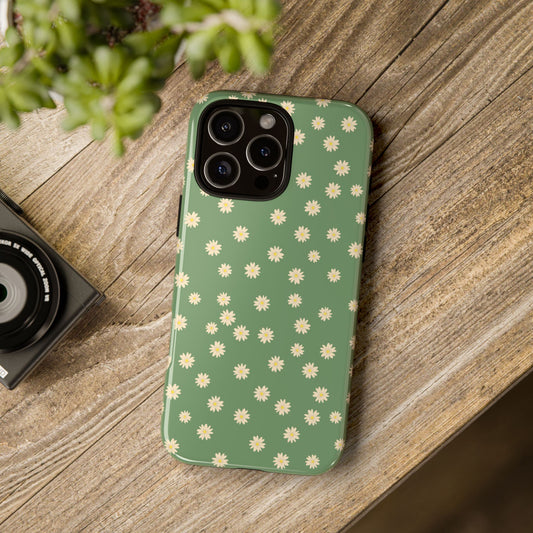 Floral Tough iPhone/Samsung Case - Durable Green Daisy Print for Nature Lovers