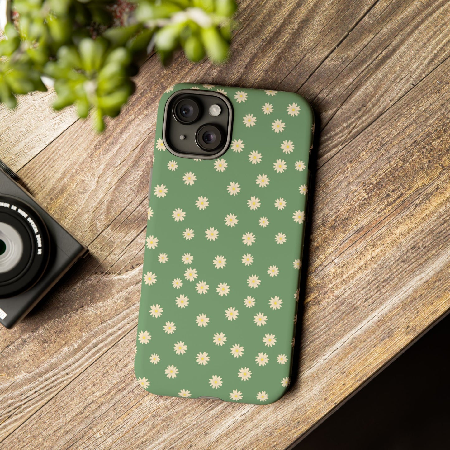 Floral Tough iPhone/Samsung Case - Durable Green Daisy Print for Nature Lovers