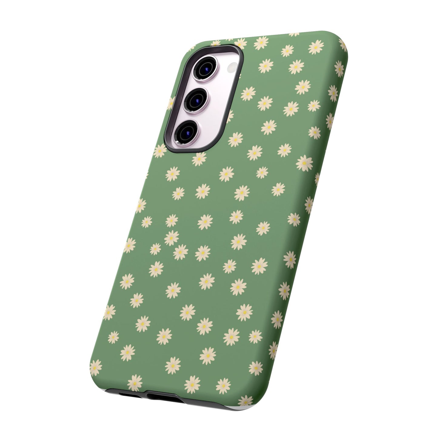 Floral Tough iPhone/Samsung Case - Durable Green Daisy Print for Nature Lovers