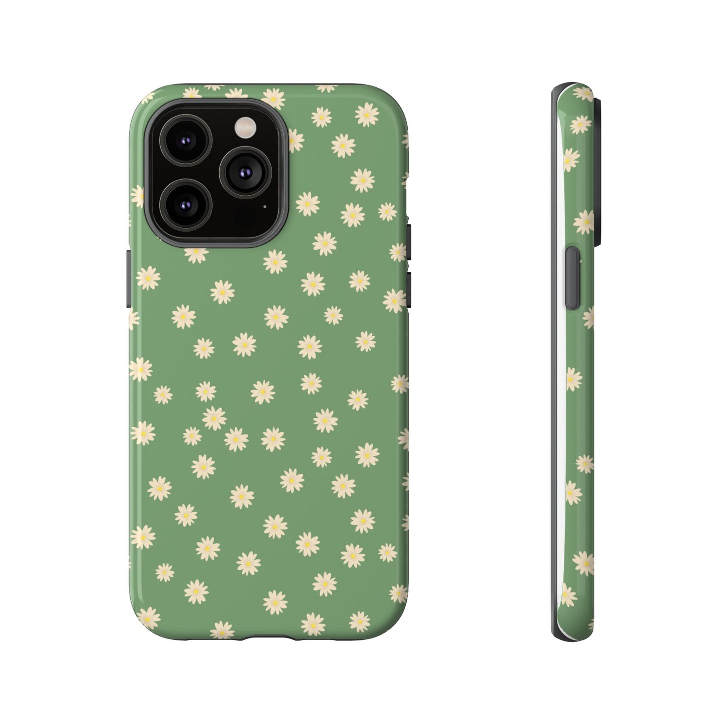 Floral Tough iPhone/Samsung Case - Durable Green Daisy Print for Nature Lovers