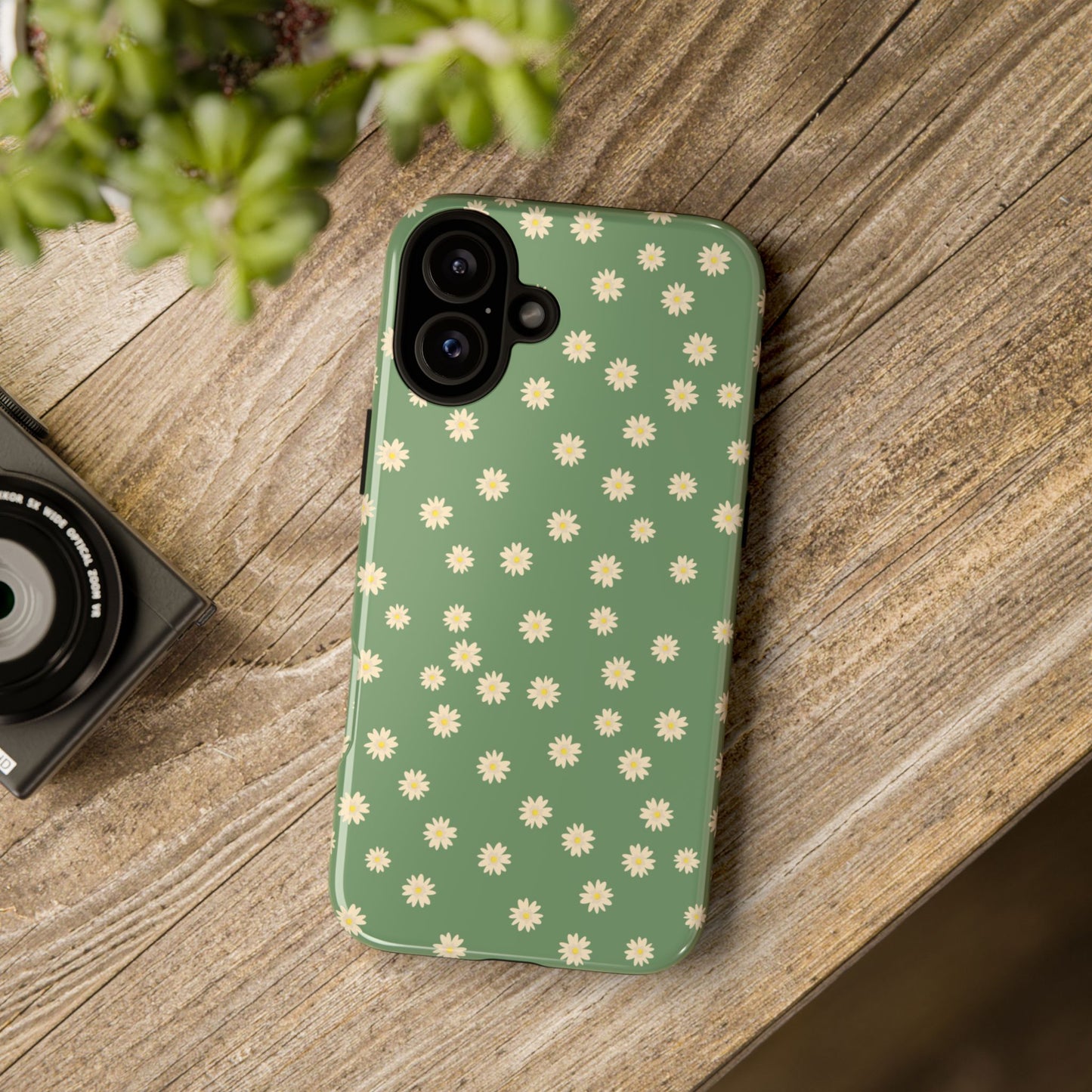 Floral Tough iPhone/Samsung Case - Durable Green Daisy Print for Nature Lovers