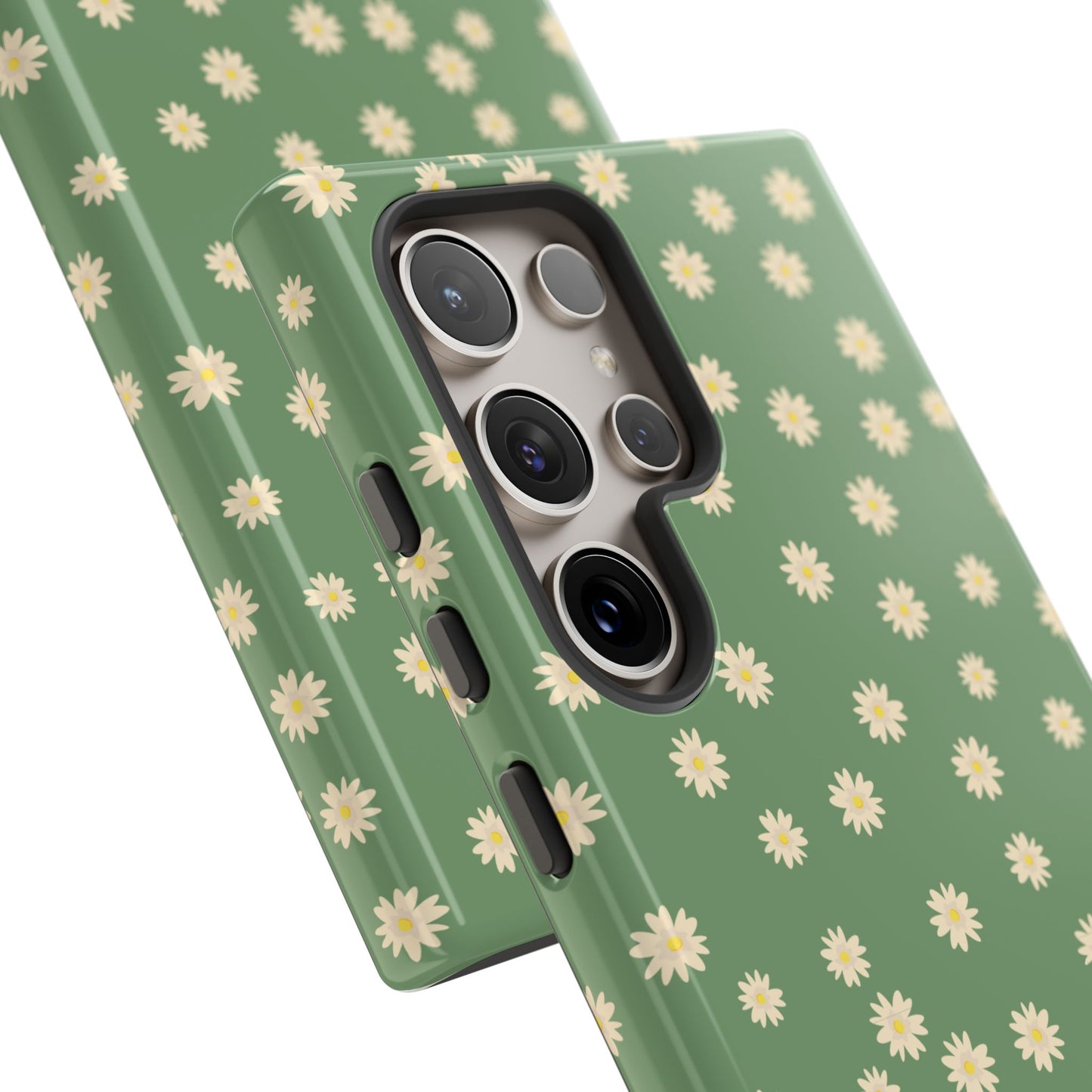 Floral Tough iPhone/Samsung Case - Durable Green Daisy Print for Nature Lovers