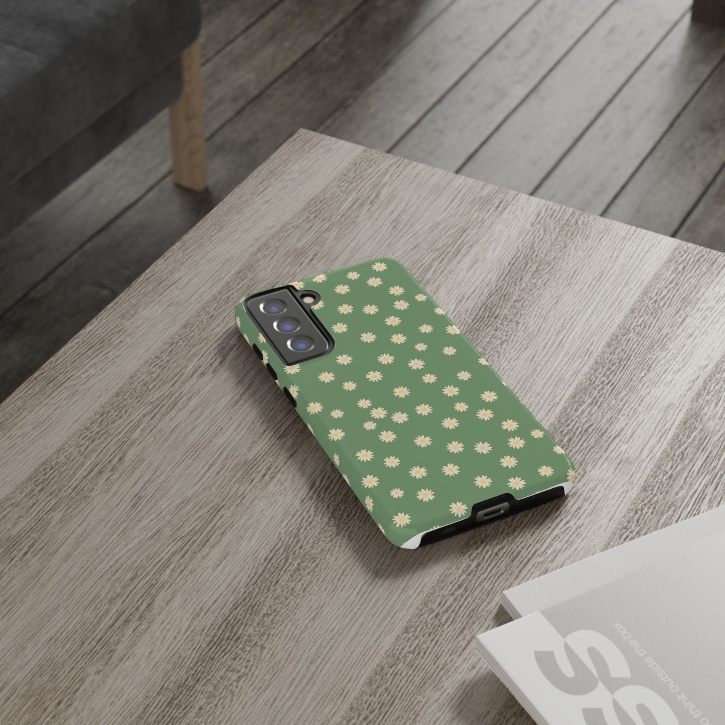 Floral Tough iPhone/Samsung Case - Durable Green Daisy Print for Nature Lovers