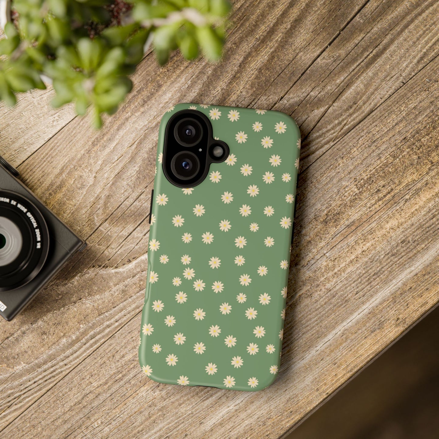 Floral Tough iPhone/Samsung Case - Durable Green Daisy Print for Nature Lovers