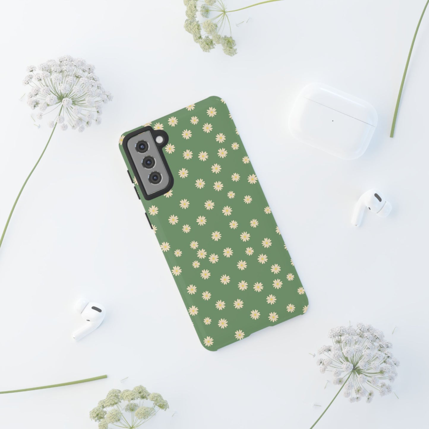 Floral Tough iPhone/Samsung Case - Durable Green Daisy Print for Nature Lovers