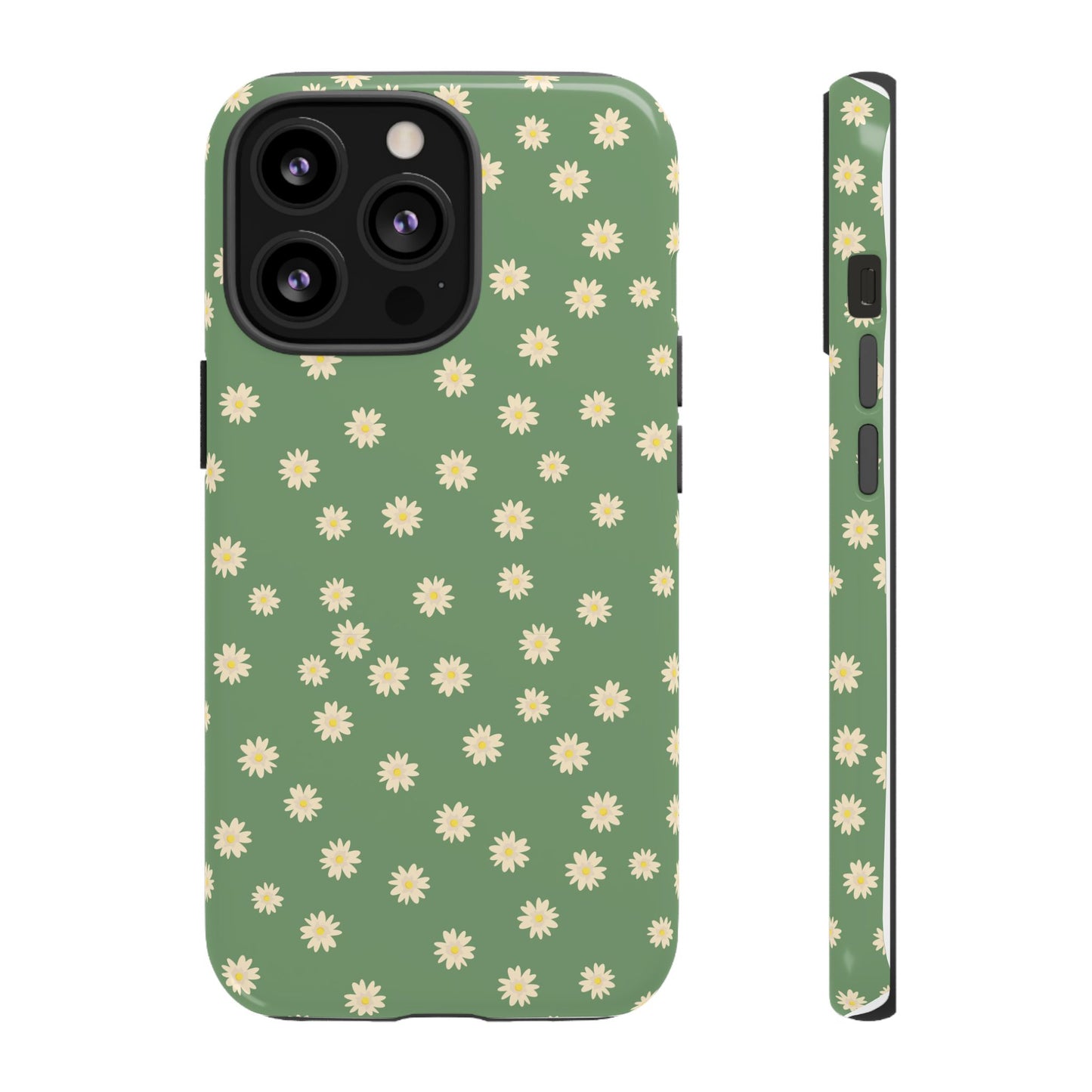 Floral Tough iPhone/Samsung Case - Durable Green Daisy Print for Nature Lovers