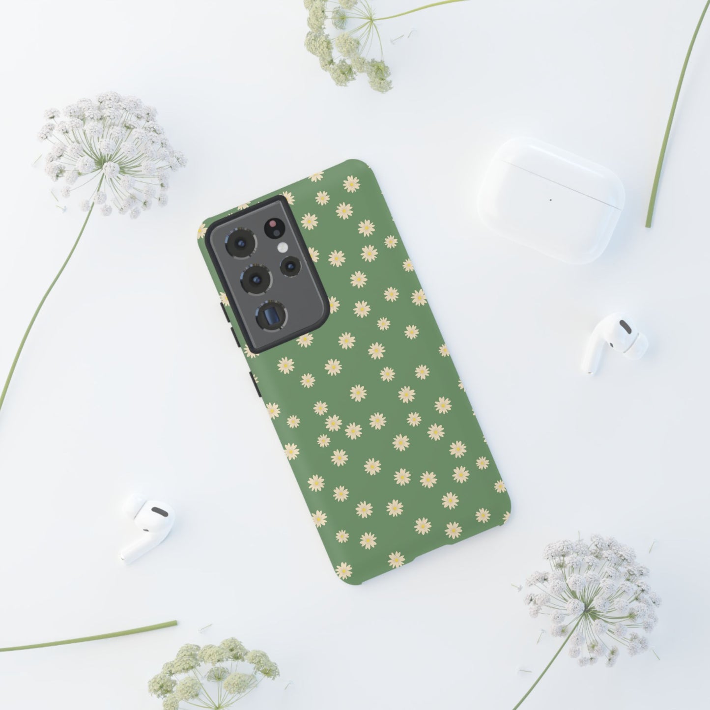 Floral Tough iPhone/Samsung Case - Durable Green Daisy Print for Nature Lovers