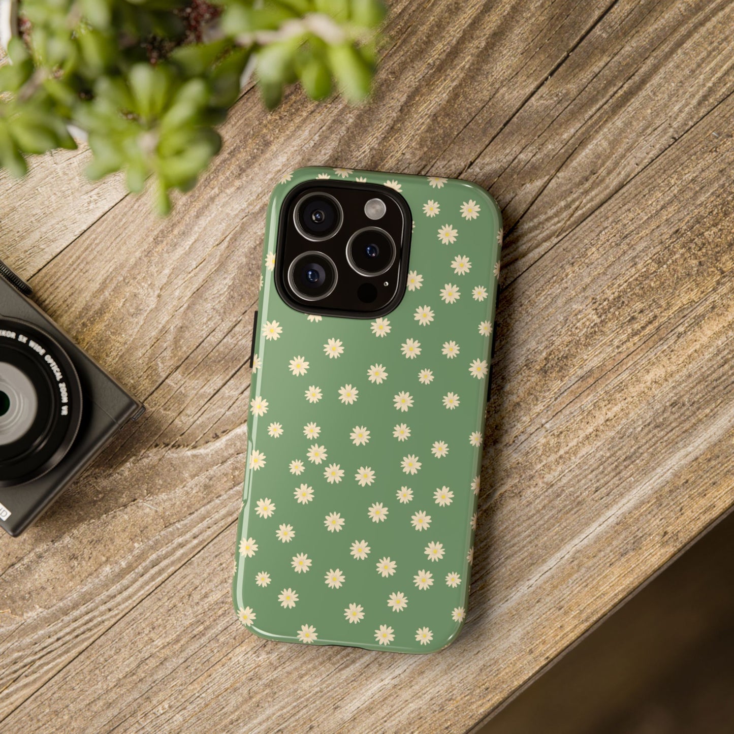 Floral Tough iPhone/Samsung Case - Durable Green Daisy Print for Nature Lovers