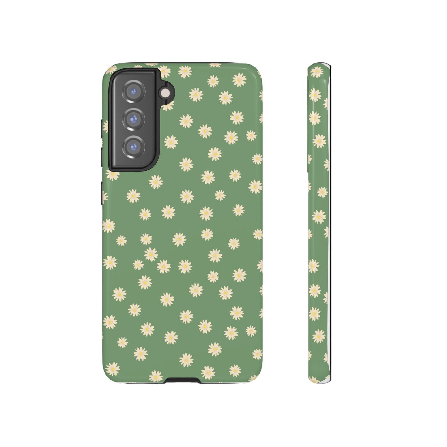 Floral Tough iPhone/Samsung Case - Durable Green Daisy Print for Nature Lovers