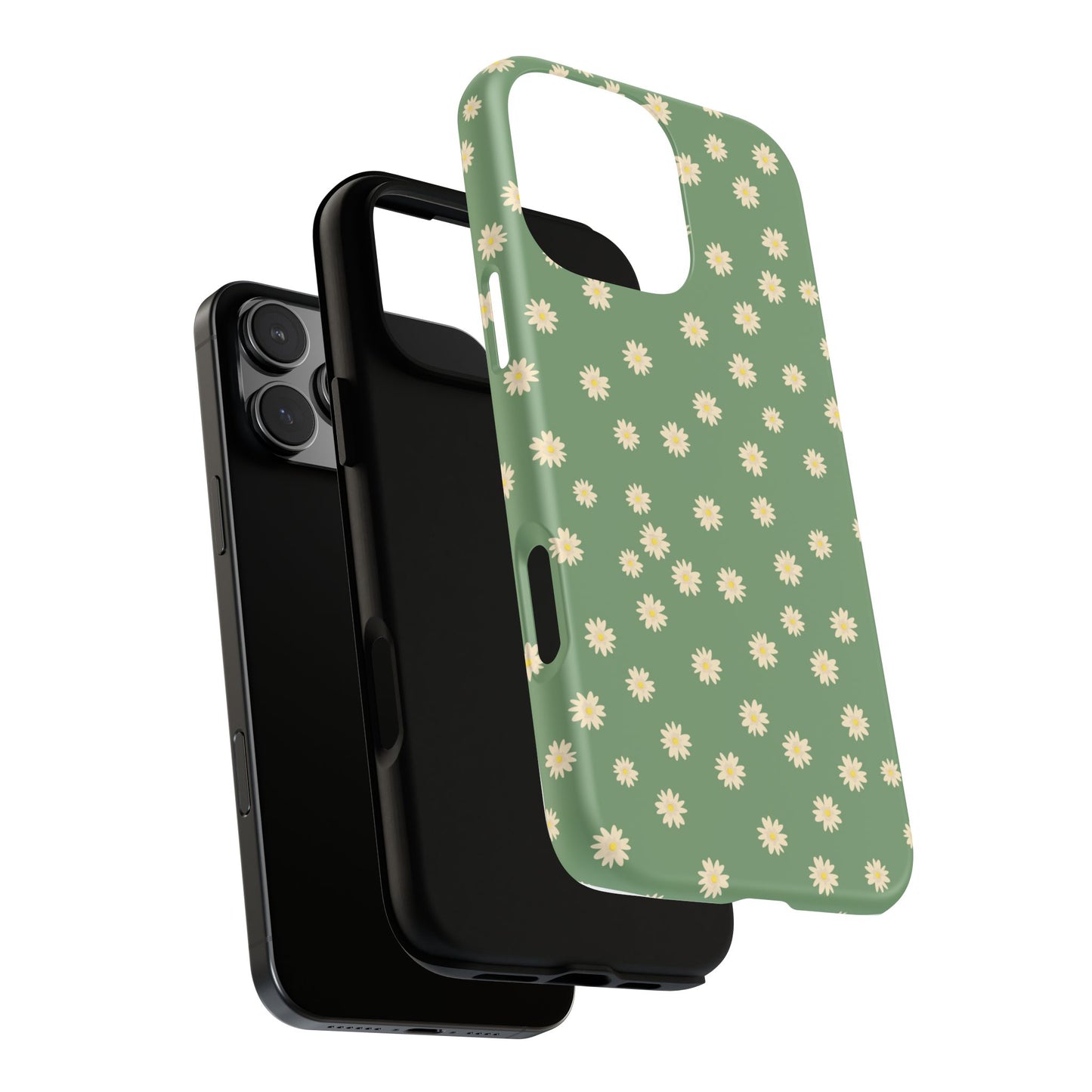 Floral Tough iPhone/Samsung Case - Durable Green Daisy Print for Nature Lovers