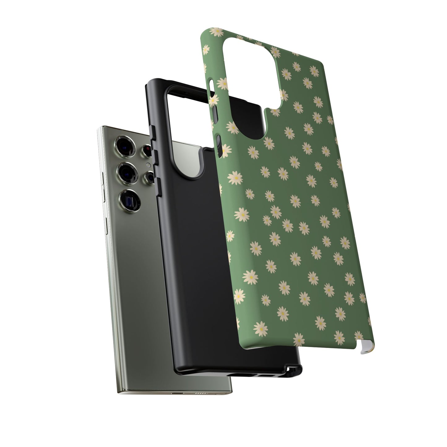 Floral Tough iPhone/Samsung Case - Durable Green Daisy Print for Nature Lovers