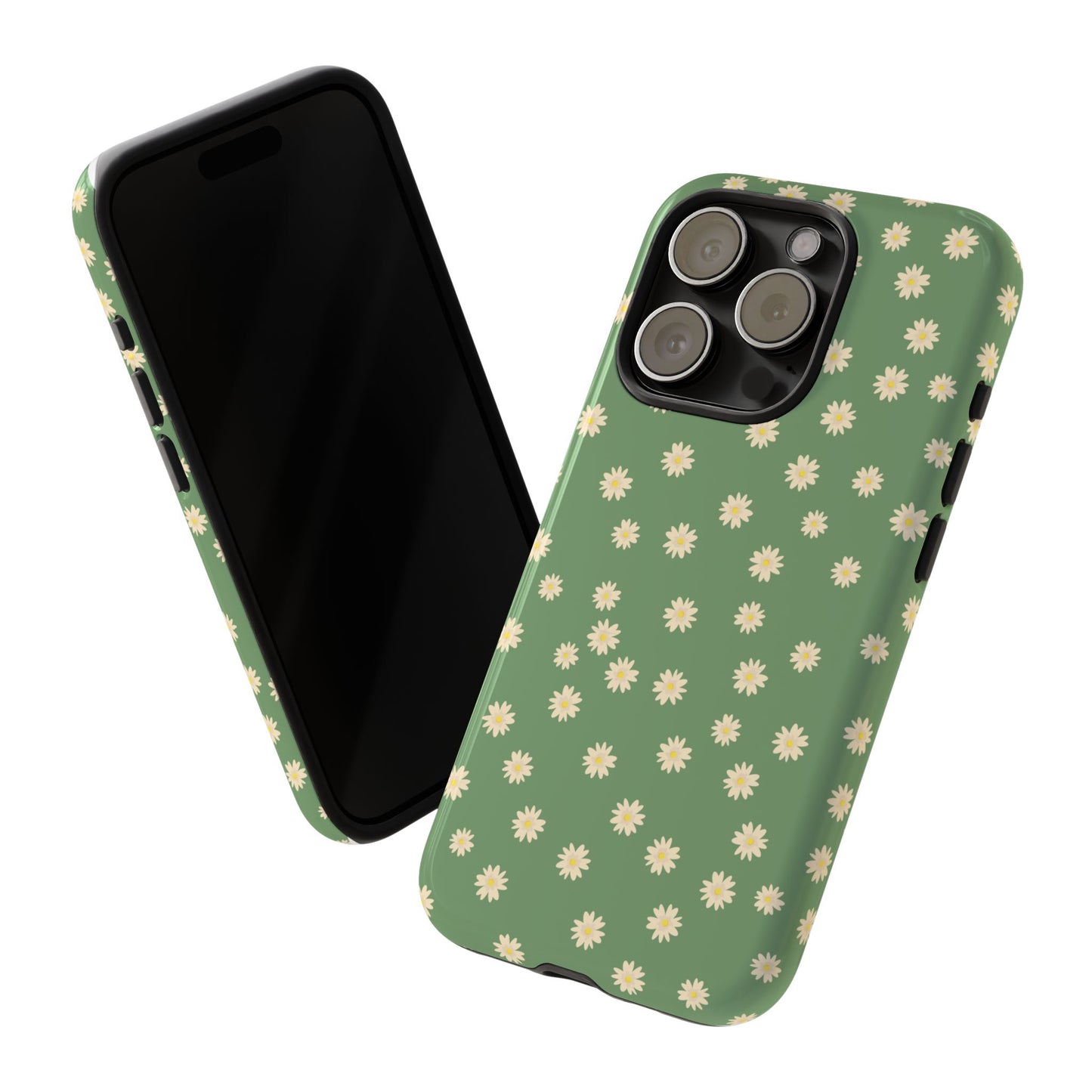 Floral Tough iPhone/Samsung Case - Durable Green Daisy Print for Nature Lovers