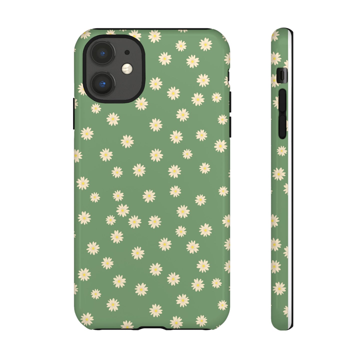 Floral Tough iPhone/Samsung Case - Durable Green Daisy Print for Nature Lovers