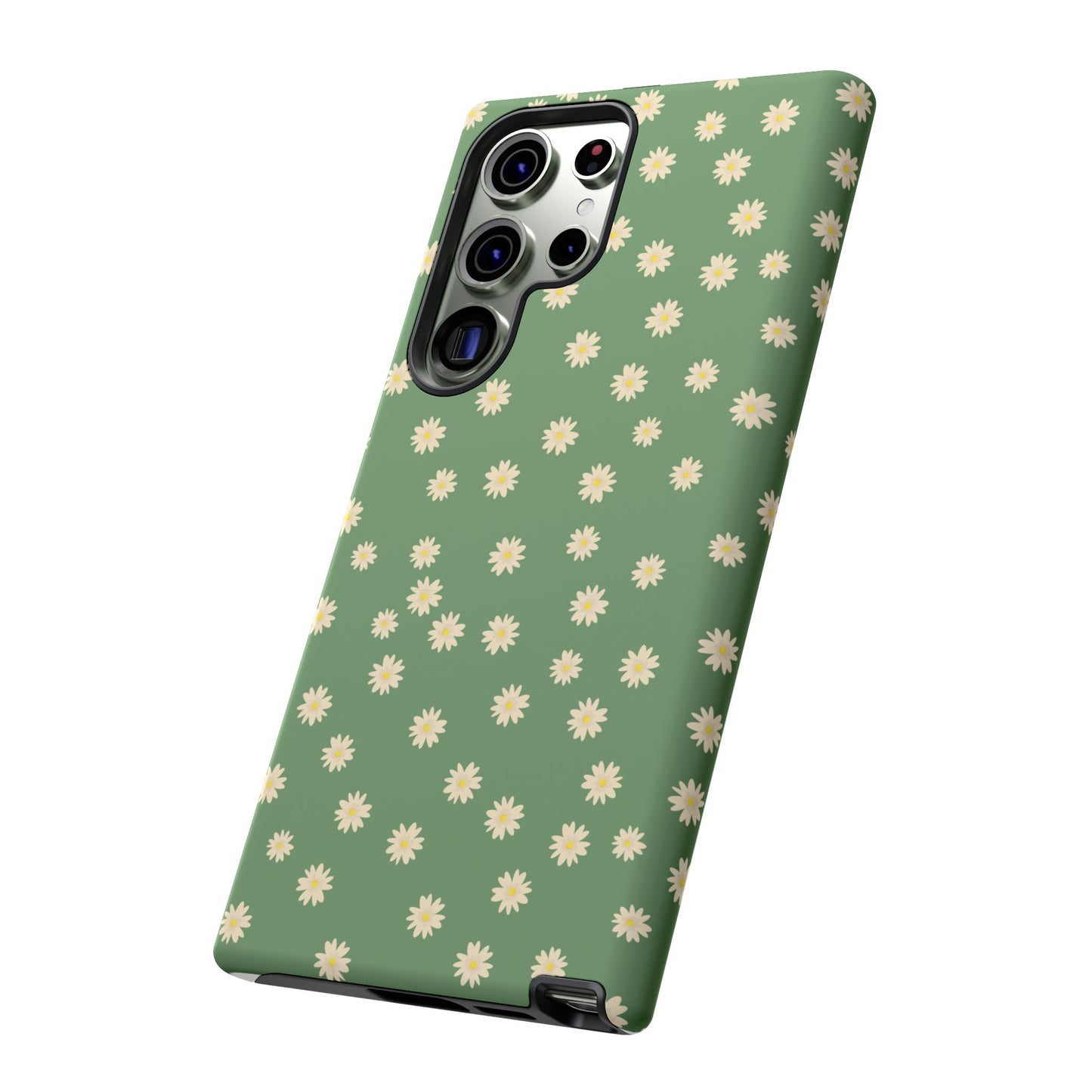 Floral Tough iPhone/Samsung Case - Durable Green Daisy Print for Nature Lovers