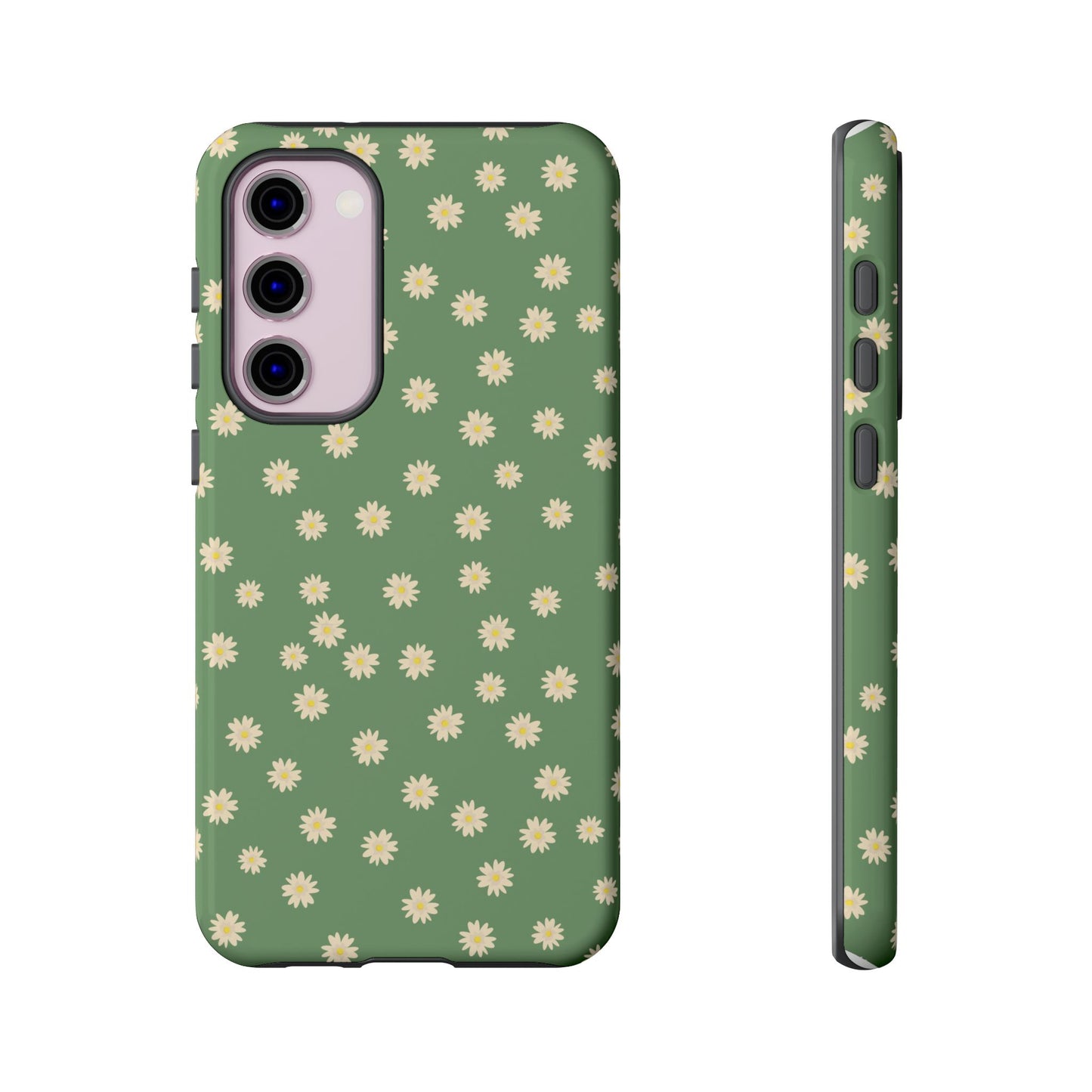 Floral Tough iPhone/Samsung Case - Durable Green Daisy Print for Nature Lovers