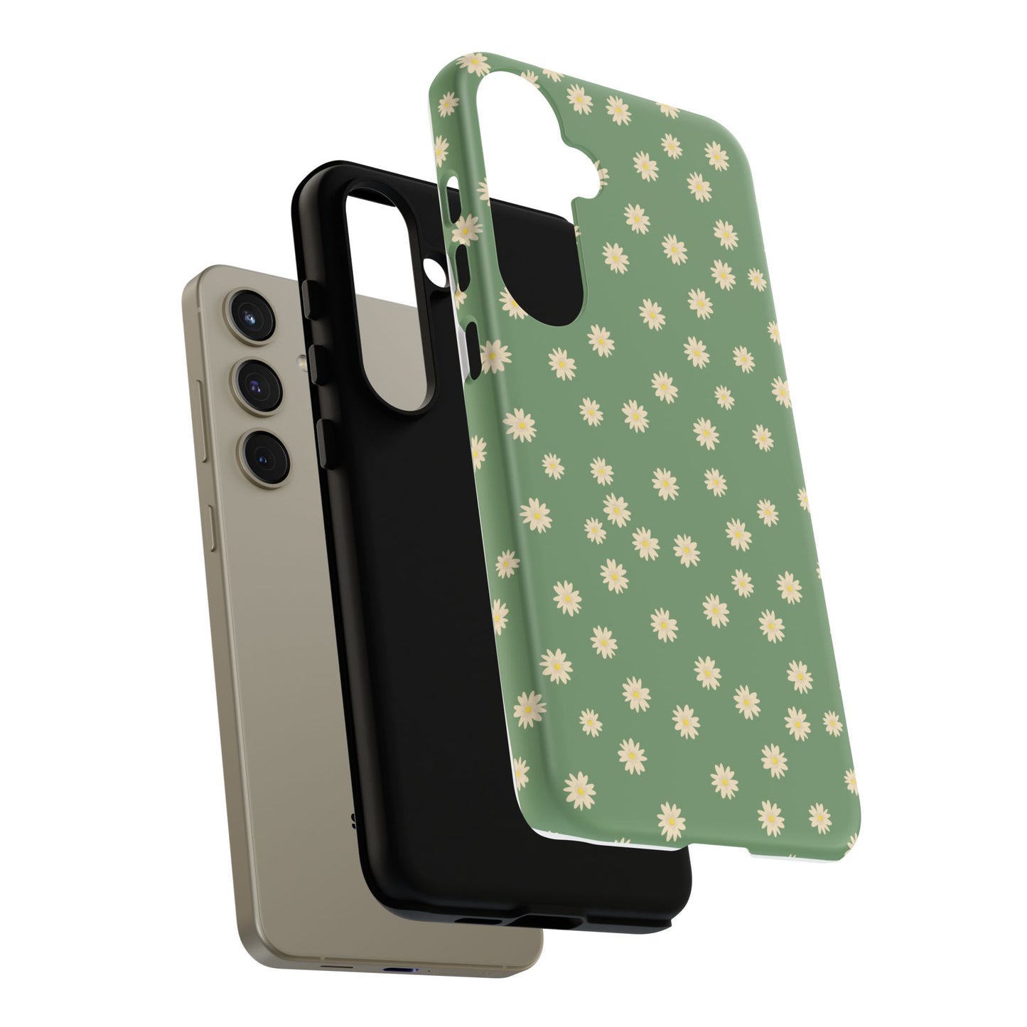 Floral Tough iPhone/Samsung Case - Durable Green Daisy Print for Nature Lovers