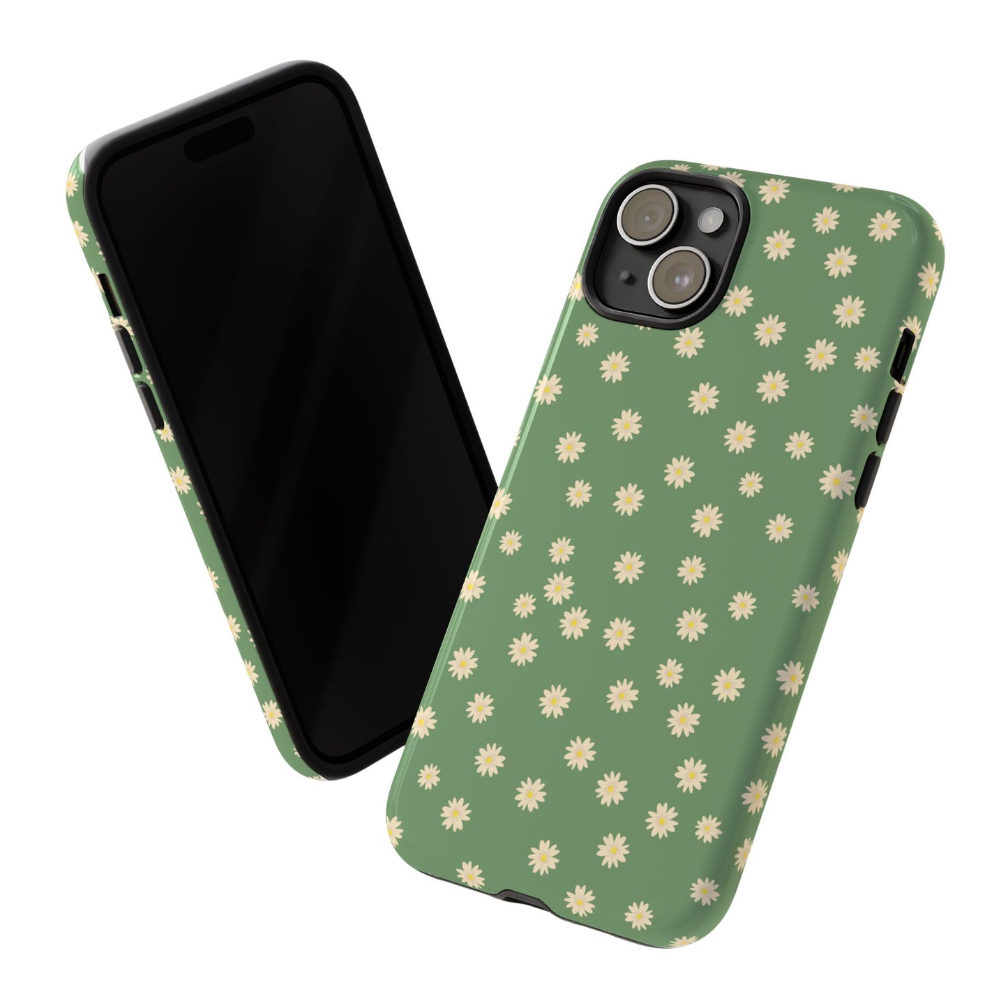 Floral Tough iPhone/Samsung Case - Durable Green Daisy Print for Nature Lovers