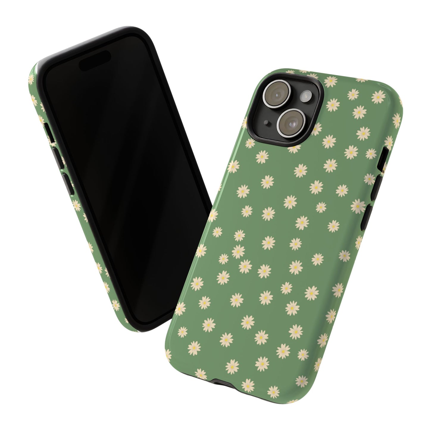 Floral Tough iPhone/Samsung Case - Durable Green Daisy Print for Nature Lovers