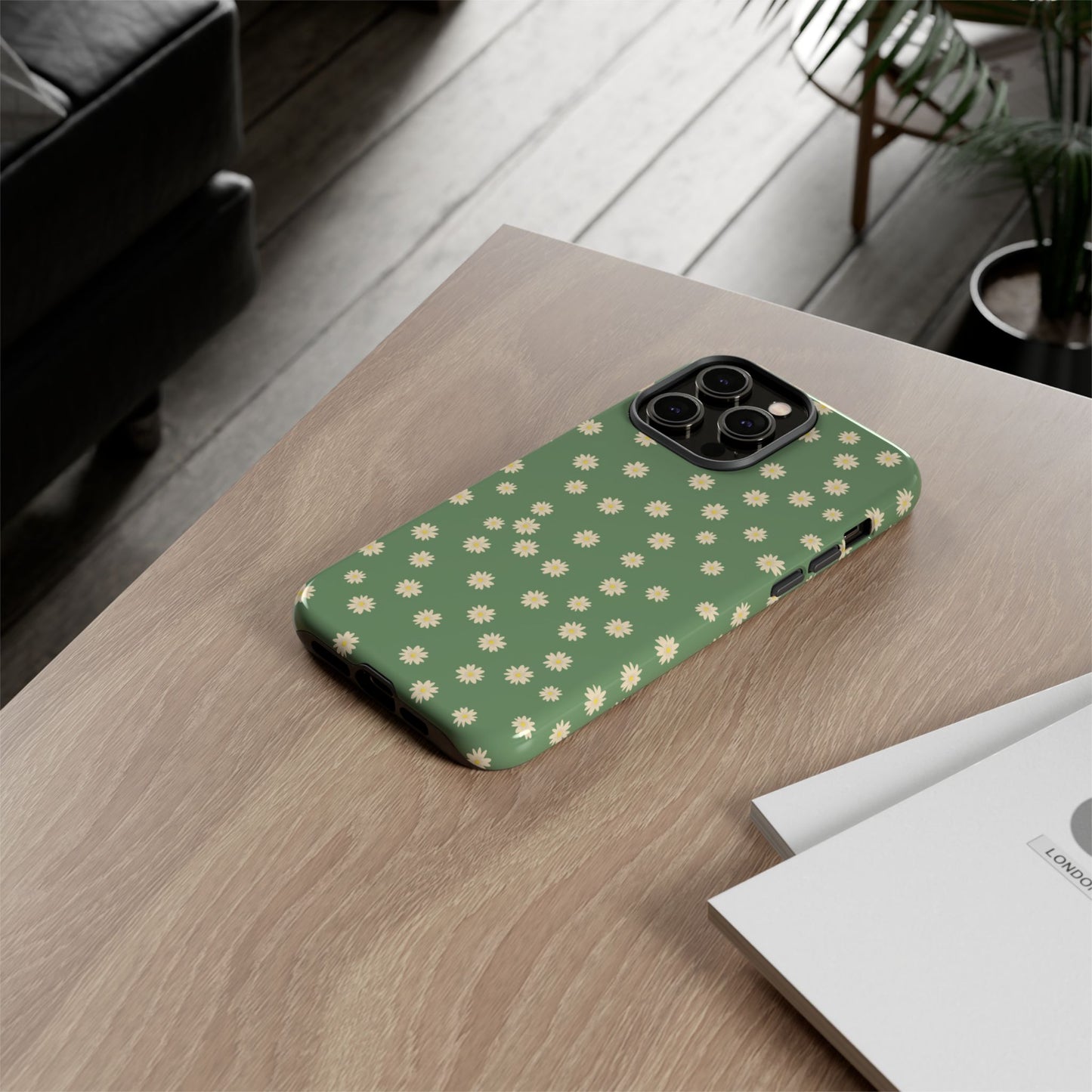 Floral Tough iPhone/Samsung Case - Durable Green Daisy Print for Nature Lovers