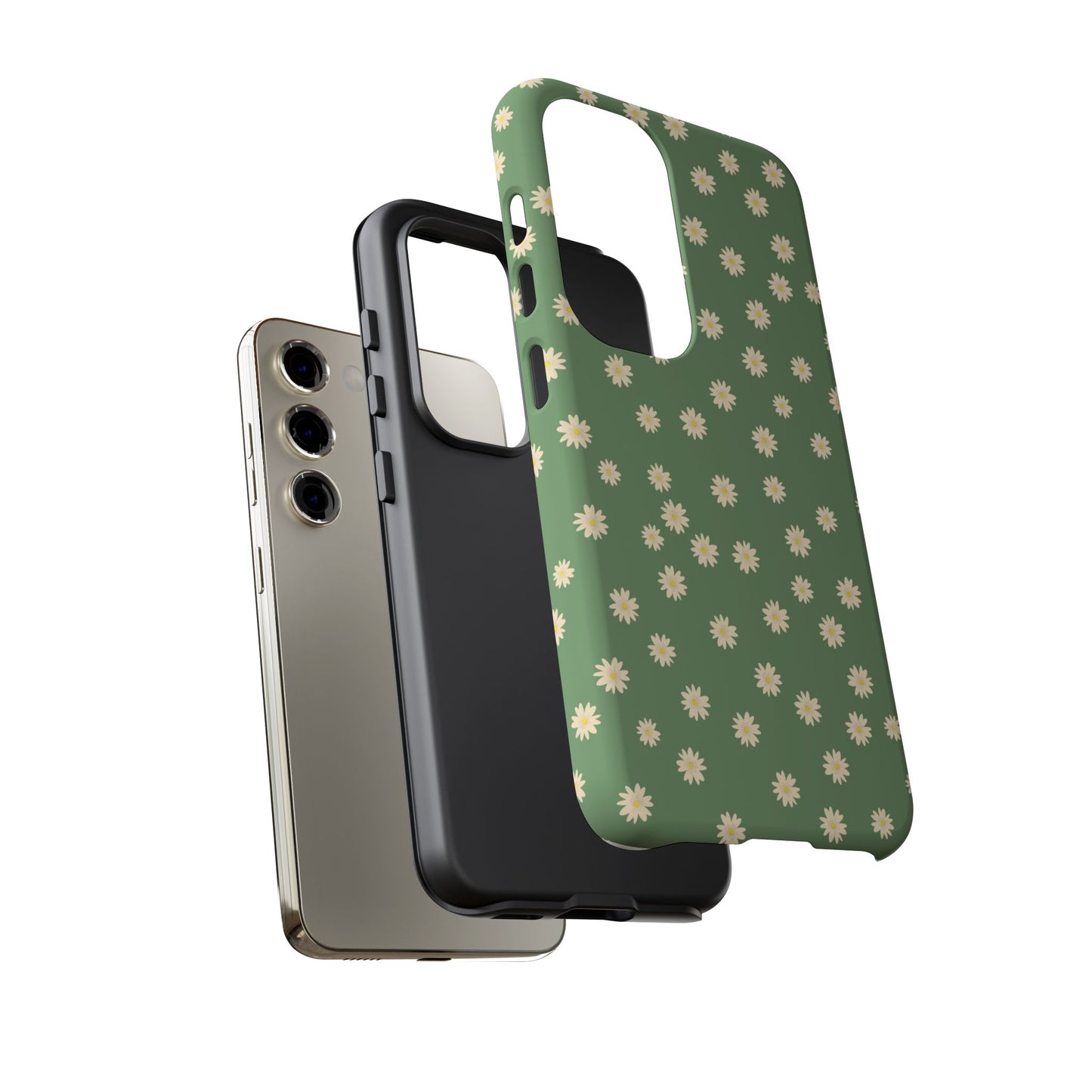 Floral Tough iPhone/Samsung Case - Durable Green Daisy Print for Nature Lovers