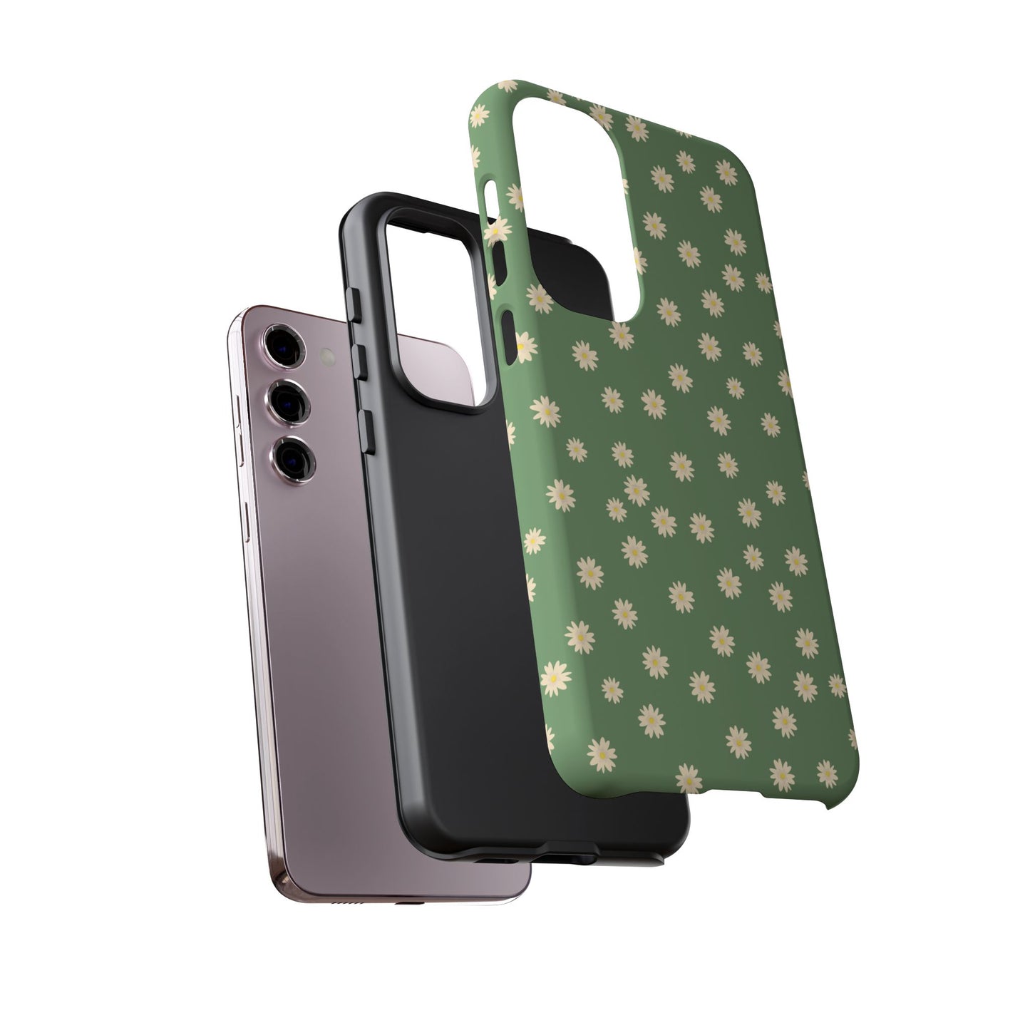 Floral Tough iPhone/Samsung Case - Durable Green Daisy Print for Nature Lovers