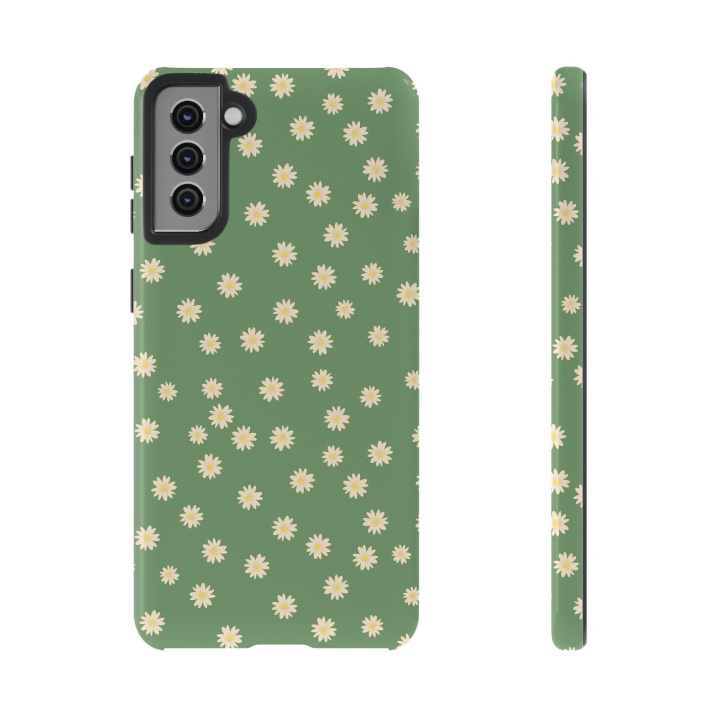 Floral Tough iPhone/Samsung Case - Durable Green Daisy Print for Nature Lovers