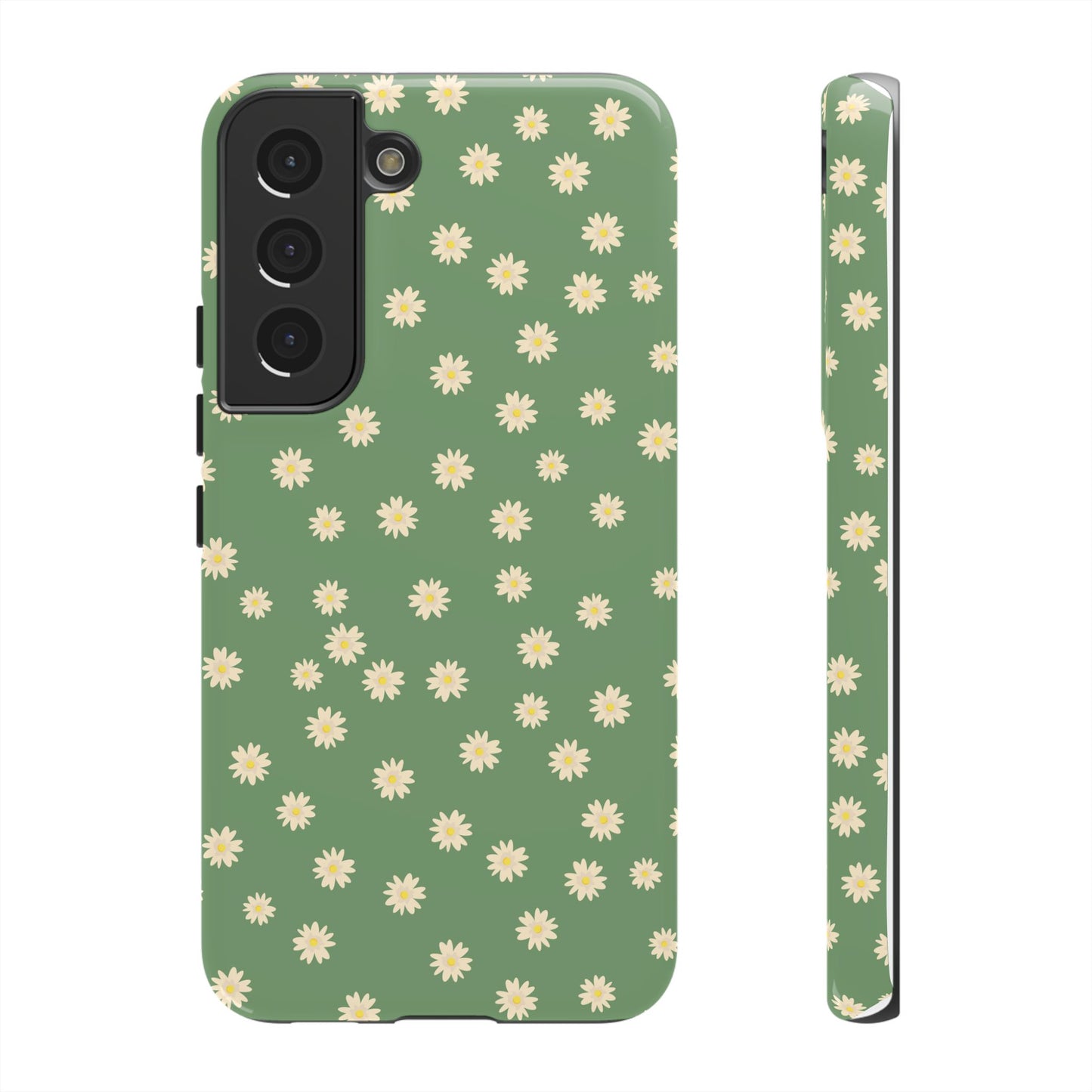 Floral Tough iPhone/Samsung Case - Durable Green Daisy Print for Nature Lovers